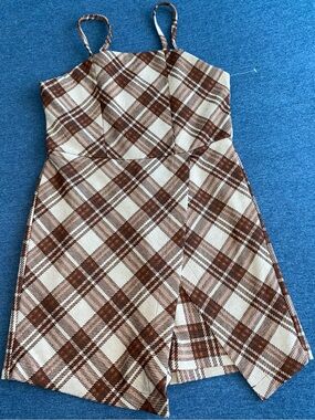 Rare Editions Brown & Cream Plaid Dress with Spaghetti Straps